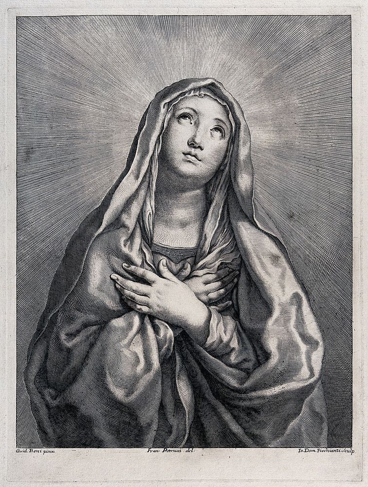 Saint Mary (the Blessed Virgin). Line engraving by G.D. Picchianti after F. Petrucci after G. Reni.
