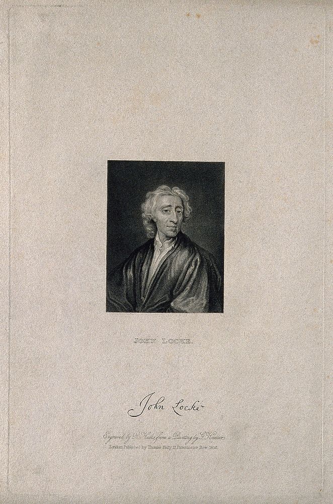 John Locke. Stipple engraving by R. Hicks, 1836, after Sir G. Kneller.