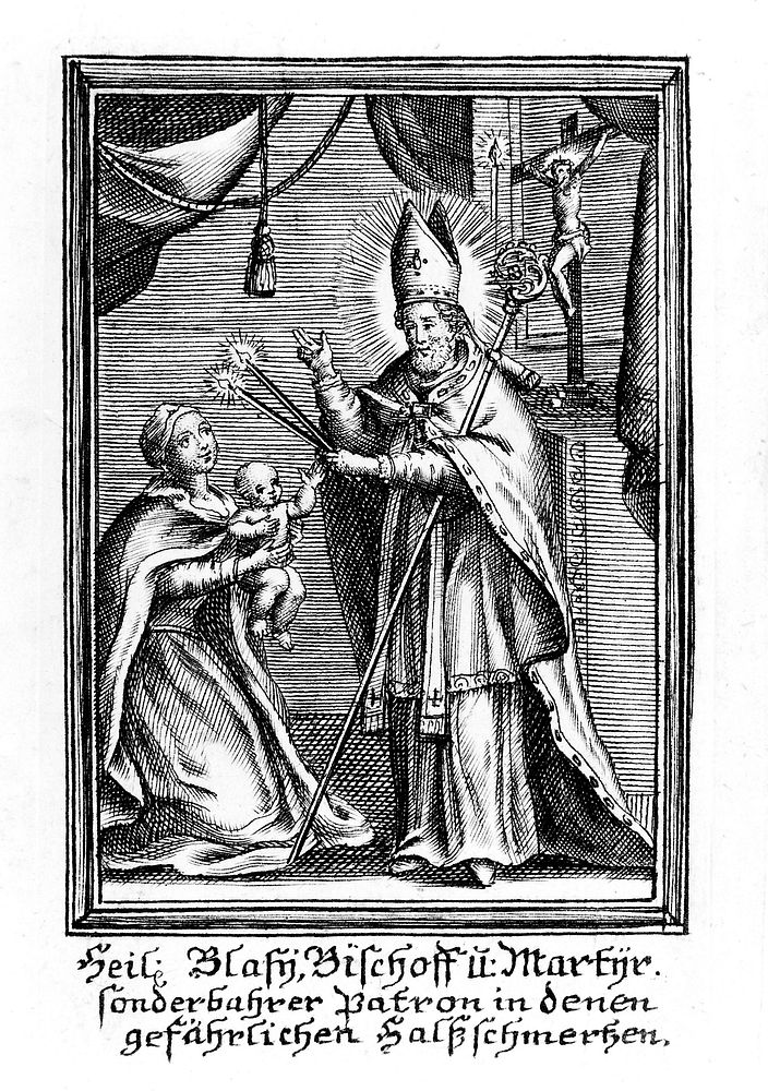 M0005647: Saint Blaise blessing a baby with a throat disease