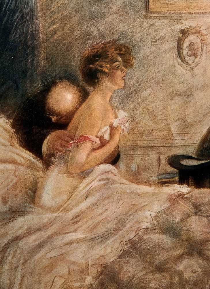 A beautiful young woman being examined by a bald fat doctor. Chromolithograph.