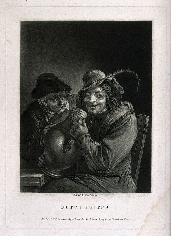 Two Dutch topers clasping a beer jug and smoking. Mezzotint, c. 1831, after D. Teniers, the younger.
