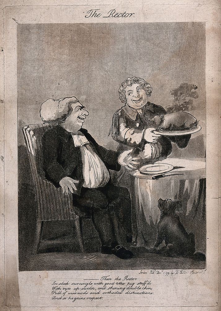 A Church of England rector seated at table as a servant brings a roasted pig on a dish. Aquatint after G.M. Woodward.