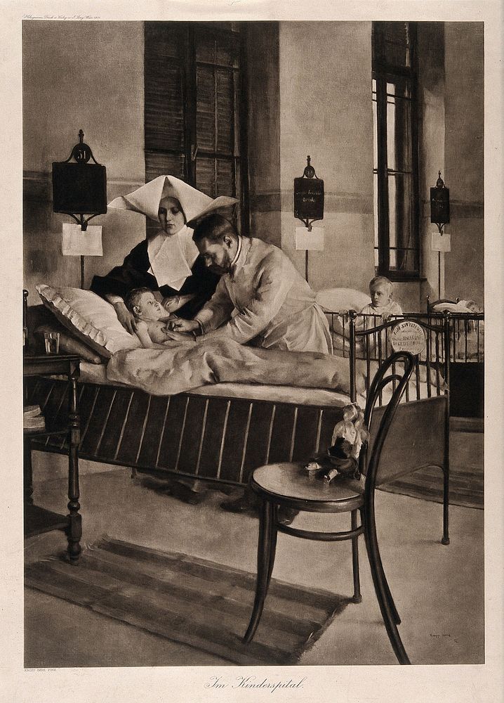 A physician examining a child, who is being comforted by a nurse in the ward of a childrens' hospital. Photogravure by…