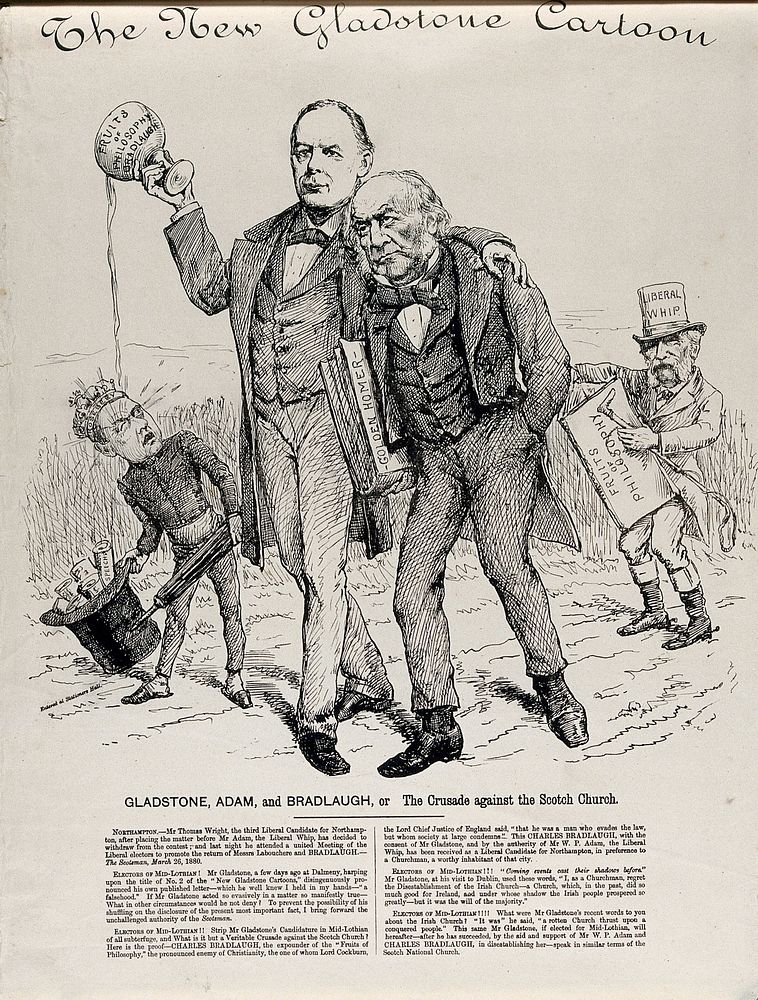 William Gladstone with Charles Bradlaugh who is splilling the content of a cup on which is written "Fruits of philosophy…