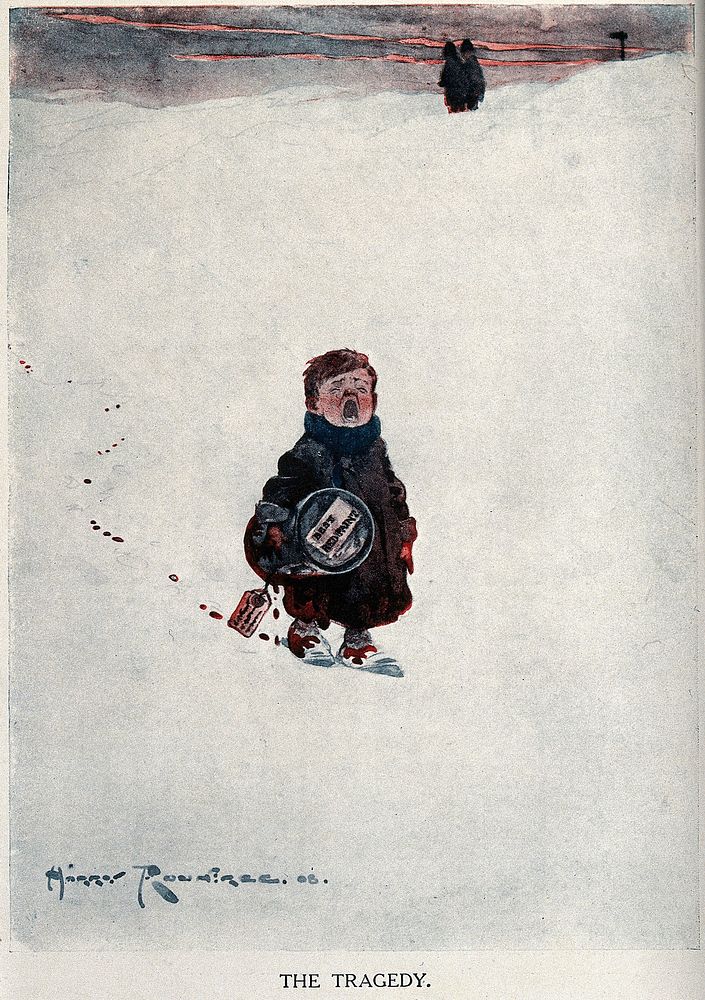 A boy walks across the snow crying and leaving a trail of red paint. Colour process print after Harry Rountree.