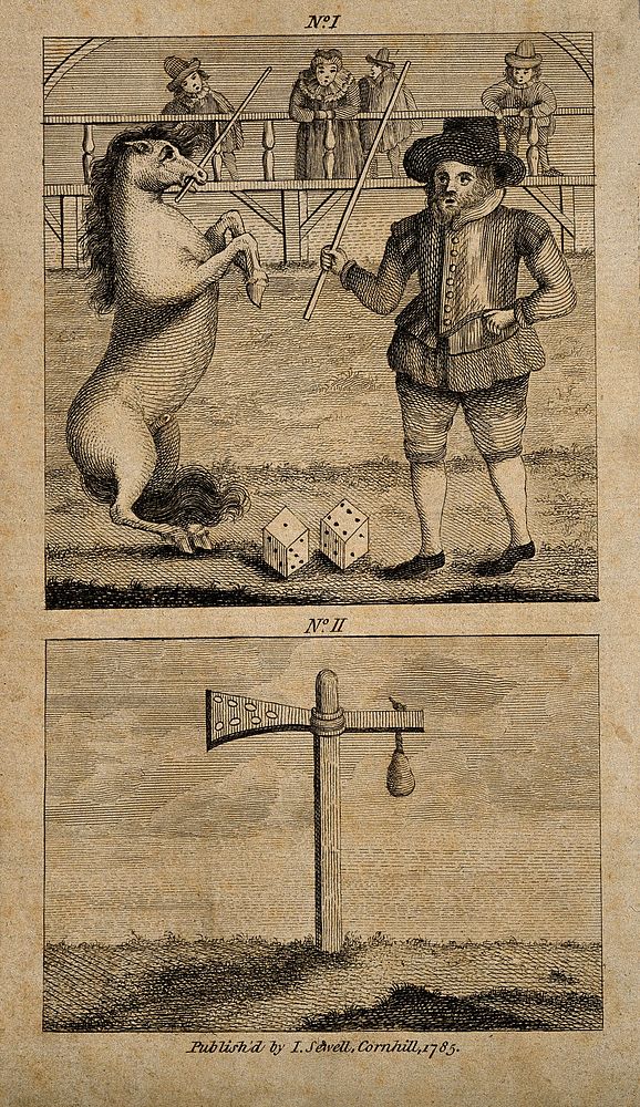 A man exhibiting a counting horse with an unidentified object underneath. Engraving, 1785.