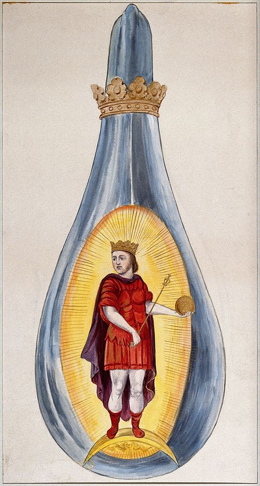 A crowned alchemical flask containing a young king, dressed in red, representing the culmination of the alchemical process.…