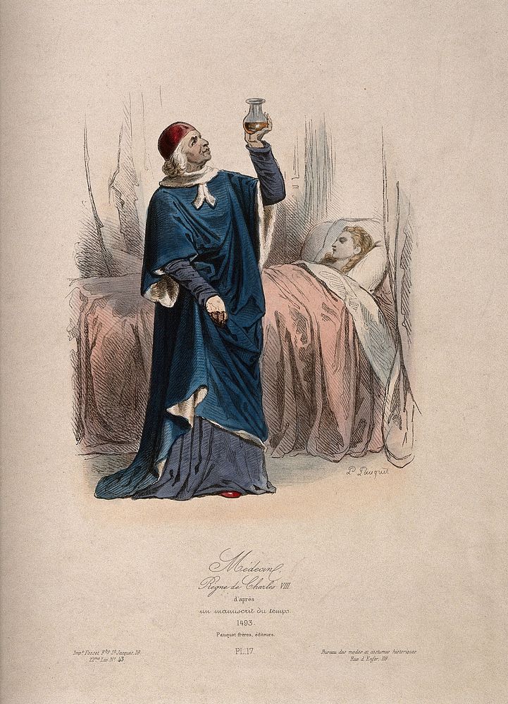 A physician in traditional costume examining urine in a flask, the young female patient is in bed, France 14--. Coloured…
