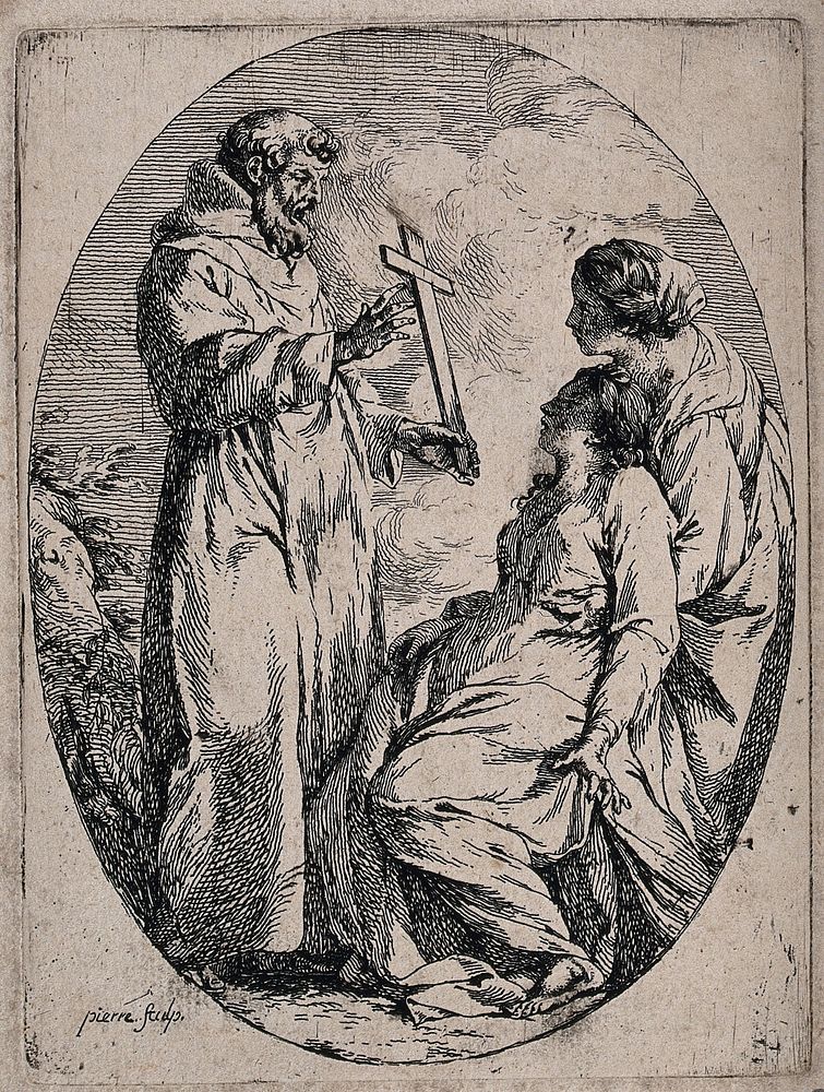 Saint Francis of Assisi holding a crucifix before a sick woman brought to him to be cured. Etching by J.B.M. Pierre.