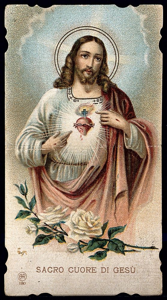 Christ showing his Sacred Heart. Process print.