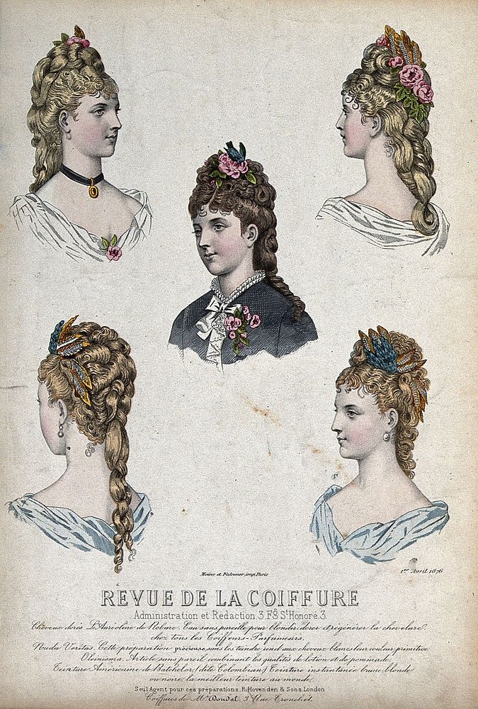 The heads and shoulders of five women with their hair combed back and dressed with chignons, flowers, jewellery and a blue…