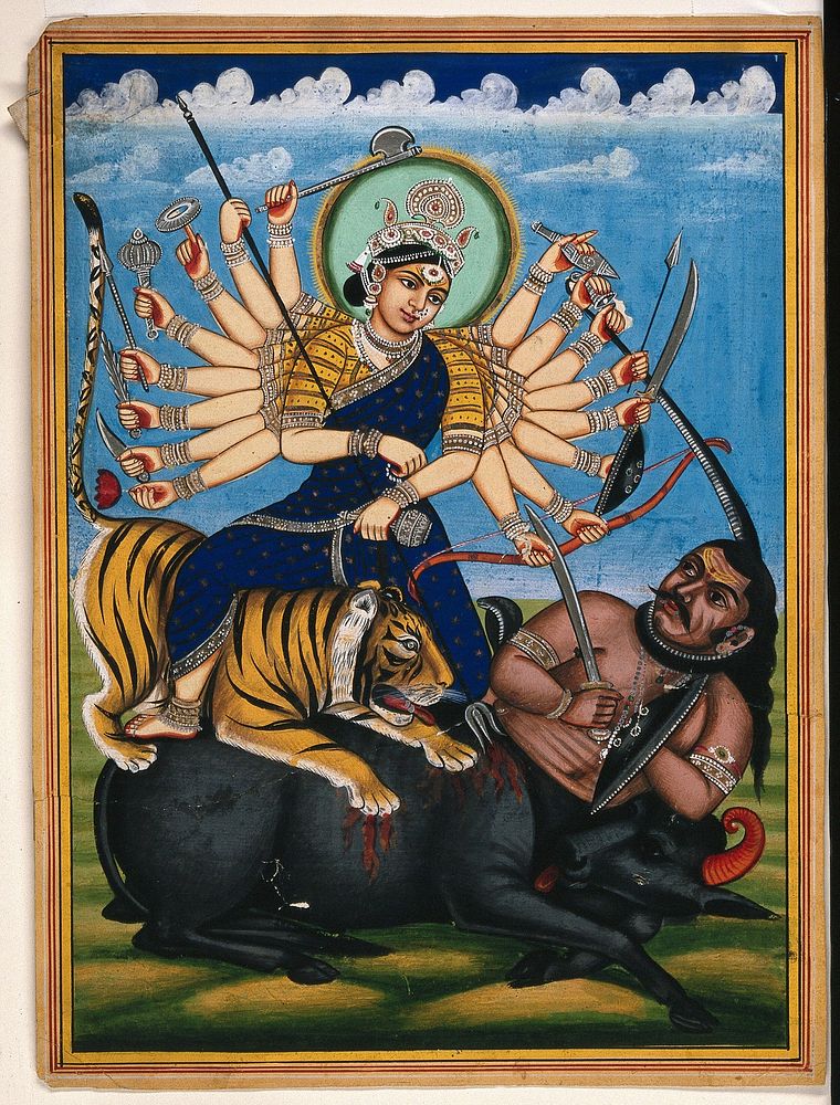 Durga kills the buffalo demon. Gouache painting by an Indian artist, 1800s.