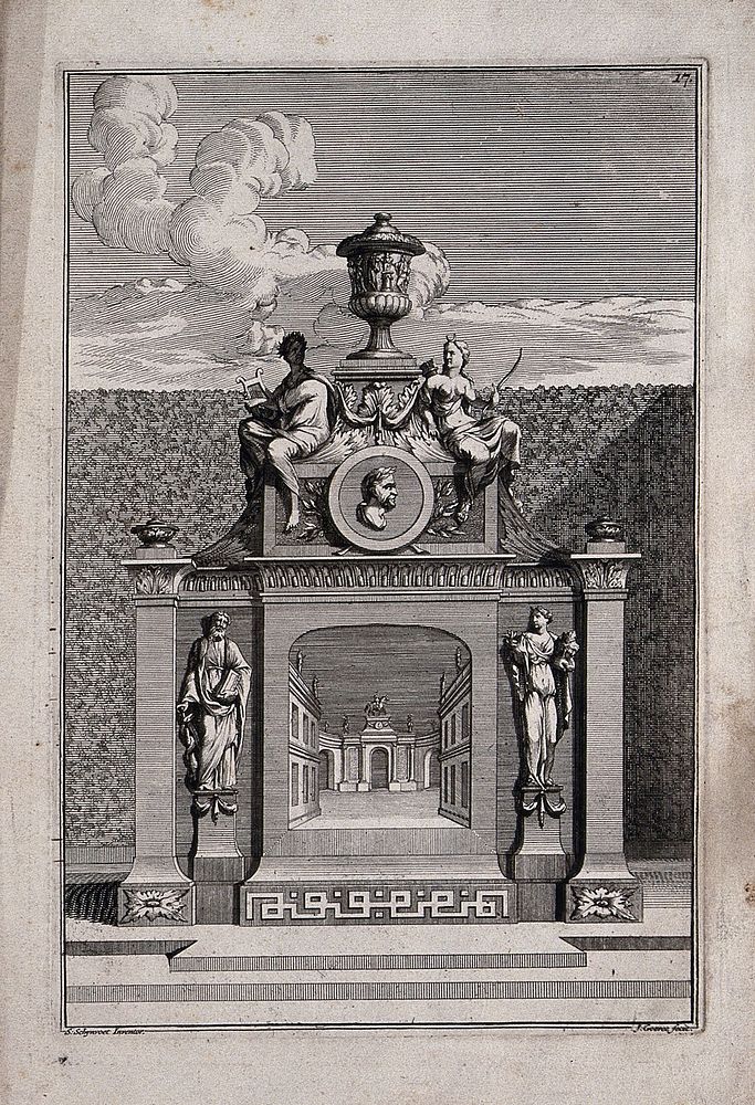 An ornate garden obelisk with a triumphal arch carved on the base. Etching by J. Goeree after S. Schynvoet, early 18th…