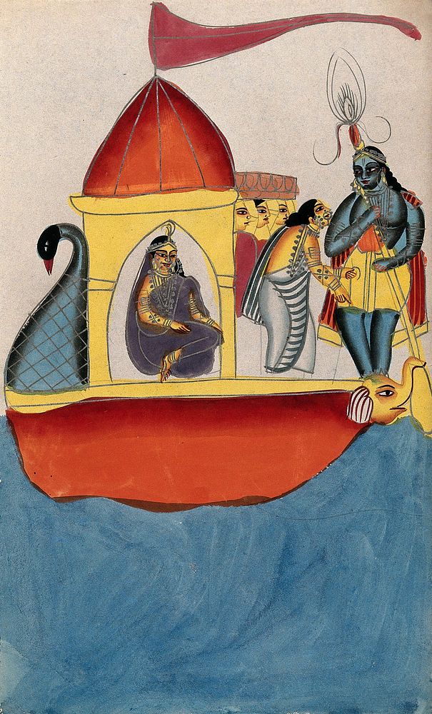Krishna steering a peacock-headed boat carrying five women. Watercolour drawing.