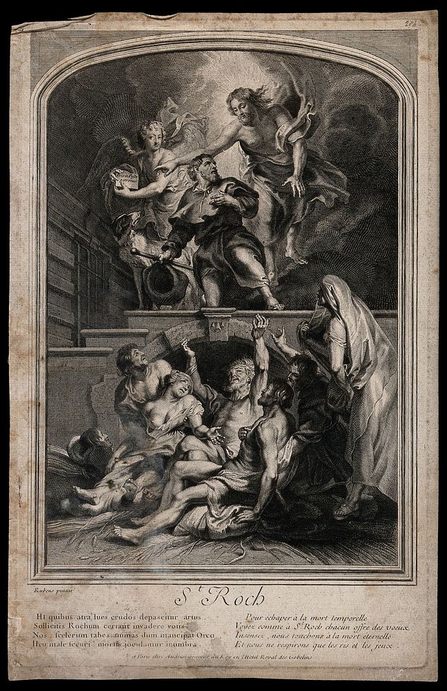 Saint Roch interceding with Christ for the plague victims in a lazaretto. Engraving by G.[] Audran after Sir P.P. Rubens.