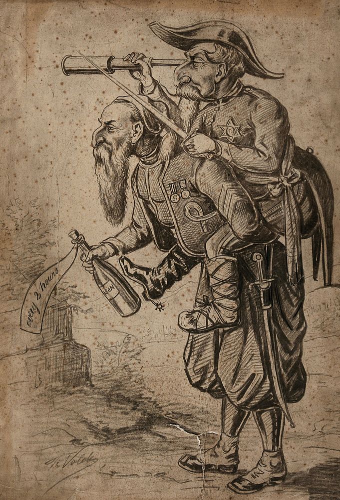 A Zouave soldier, holding a poison bottle, is carrying on his back Napoleon III, Emperor of the French, who is looking…