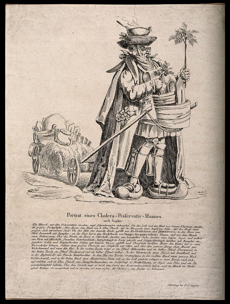 A man absurdly well-prepared for the cholera epidemic of 1832; representing the overabundance of questionable remedies and…