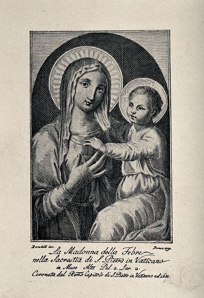 The Virgin of Fevers in the sacristy of St. Peter's in the Vatican in Rome. Reproduction of engraving by P.L. Bombelli, 1792.