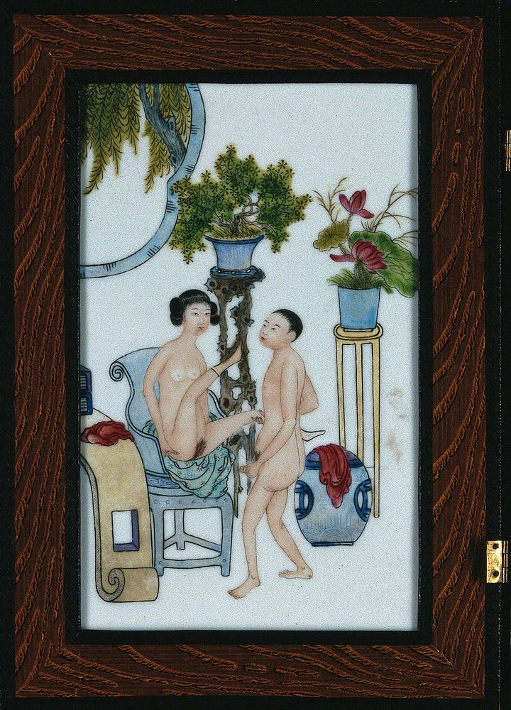 A Japanese erotic scene of a man and a woman about to have sexual intercourse in a bedroom. Ceramic tile by Japanese…