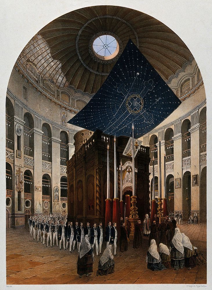 Procession inside the Church of the Holy Sepulchre, Jerusalem. Chromolithograph by H. Clerget and J. Gaildrau after François…