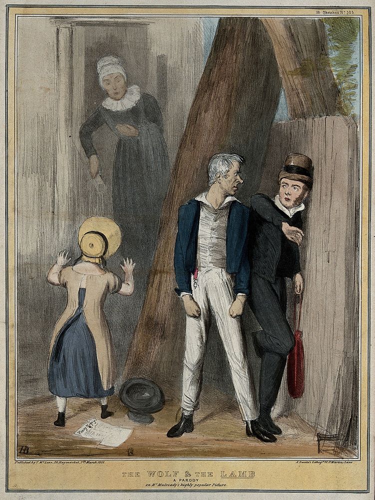 Lord Brougham, a bully, picks on Lord Melbourne while a girl in a bonnet summons an elderly woman with the face of the Duke…
