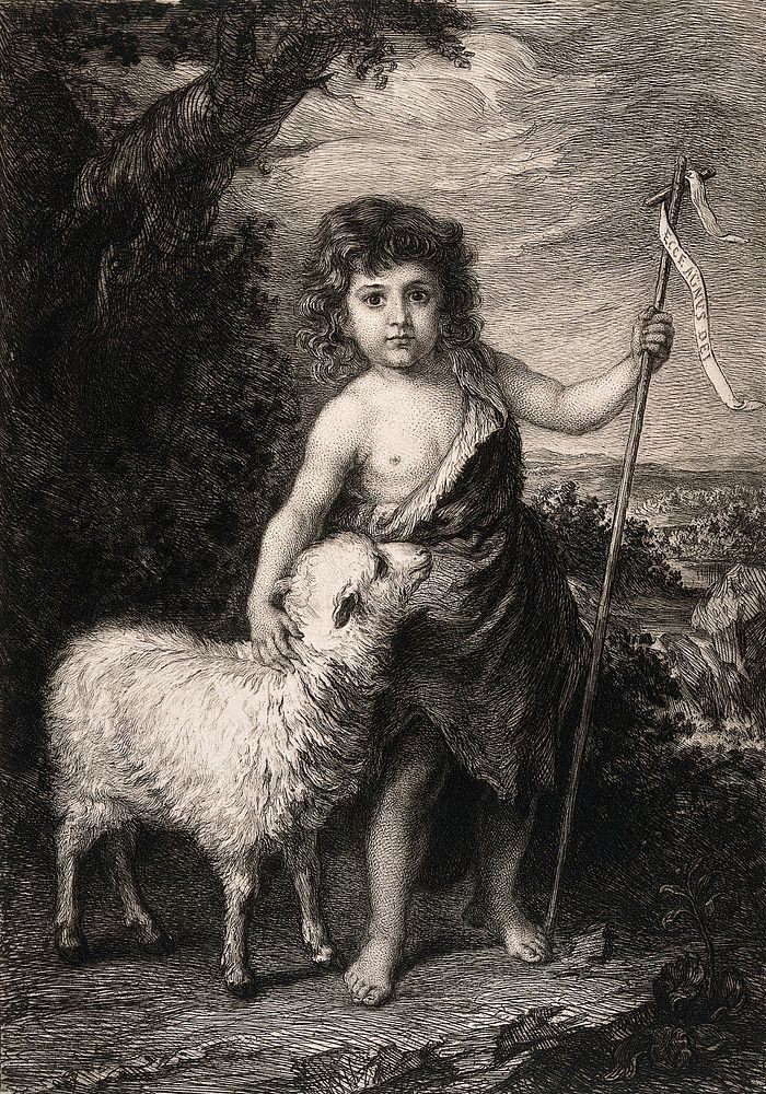 Saint John the Baptist as a child holding a cross, with a lamb, in the wilderness. Etching by W. Unger after B.E. Murillo.