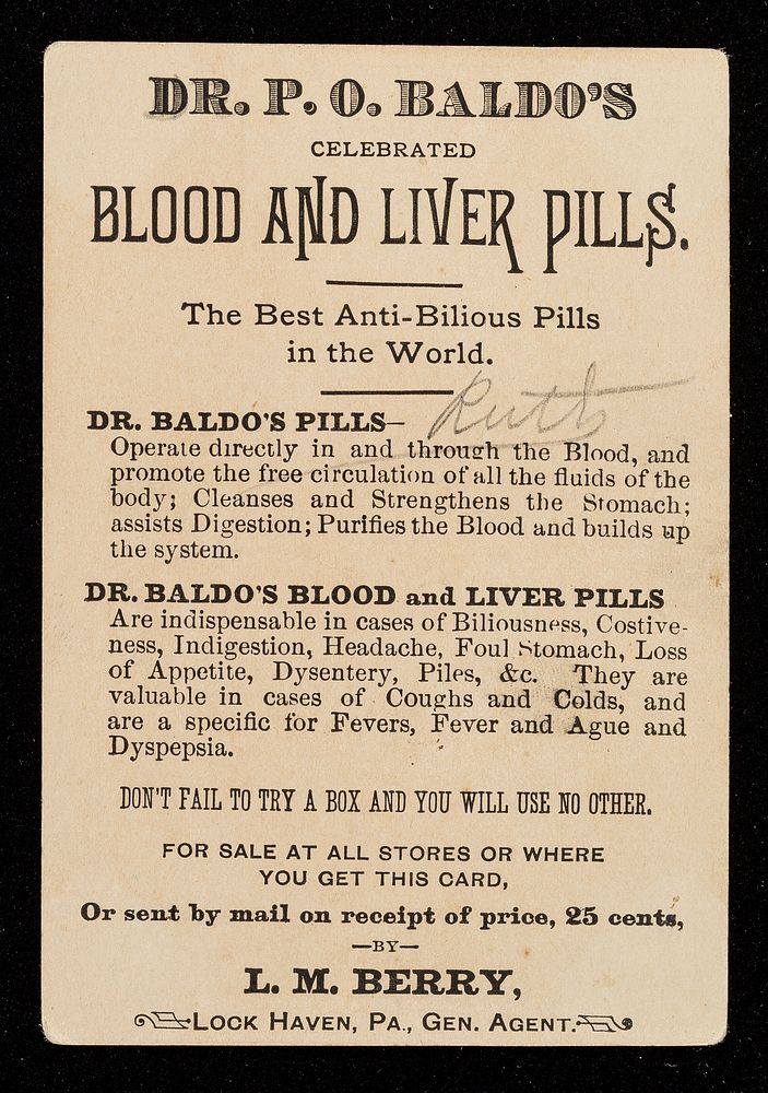 Dr. P.O. Baldo's celebrated Blood and Liver Pills : the best anti-bilious pills in the world / L.M. Berry.