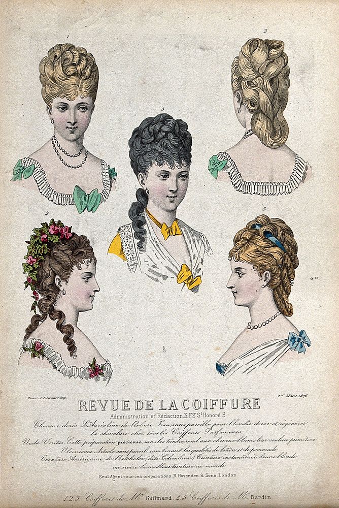 The heads and shoulders of five women with their hair combed back and dressed with chignons; the lower two also wear flowers…