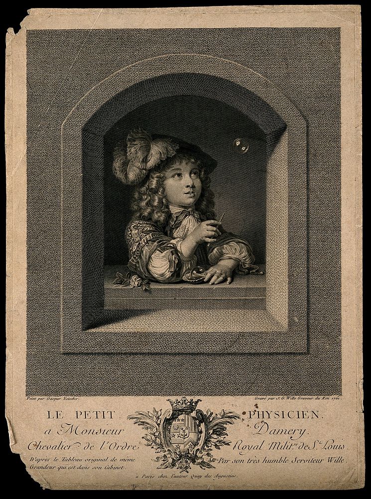 A child blowing bubbles. Engraving by J.G. Wille, 1761, after G. Netscher, 1670 .
