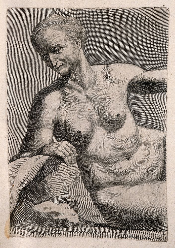 An old woman, sitting in the nude. Engraving by J.D. Herz after himself, c. 1732.