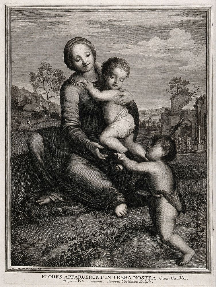 Saint Mary (the Blessed Virgin) with the Christ Child and Saint John the Baptist. Engraving by J. Coelemans after Raphael.