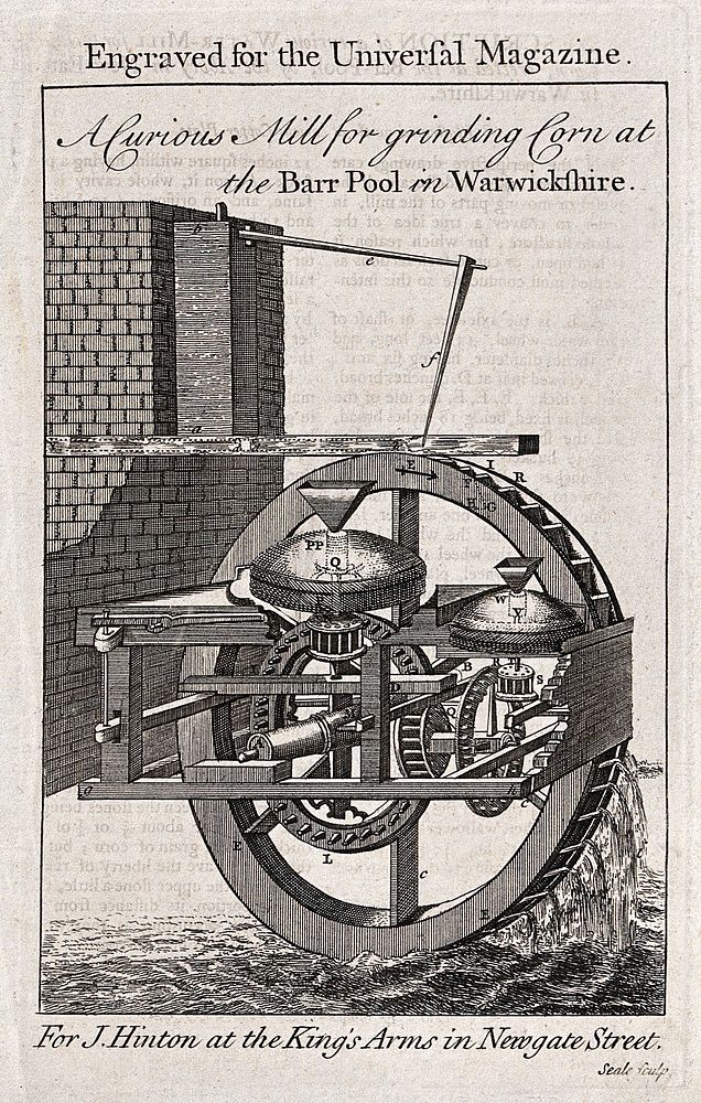 Farming: a milling machine for corn, driven by a water-wheel, three-quarter view. Engraving by Seal, c.1750.