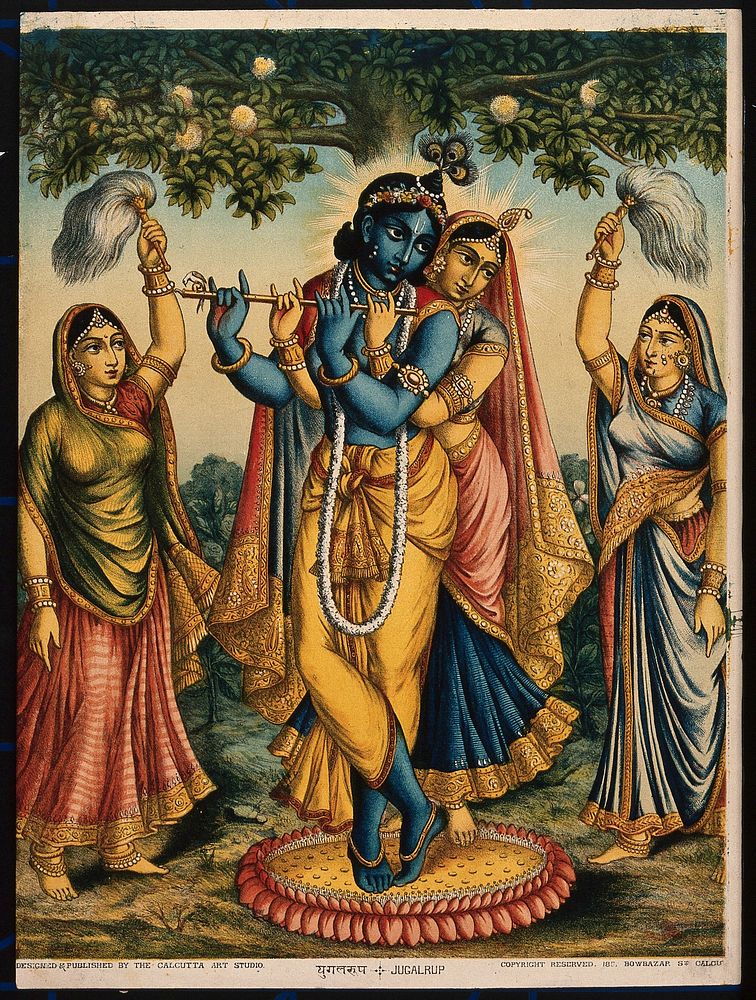 Radha and Krishna flanked by two devotees. Chromolithograph.