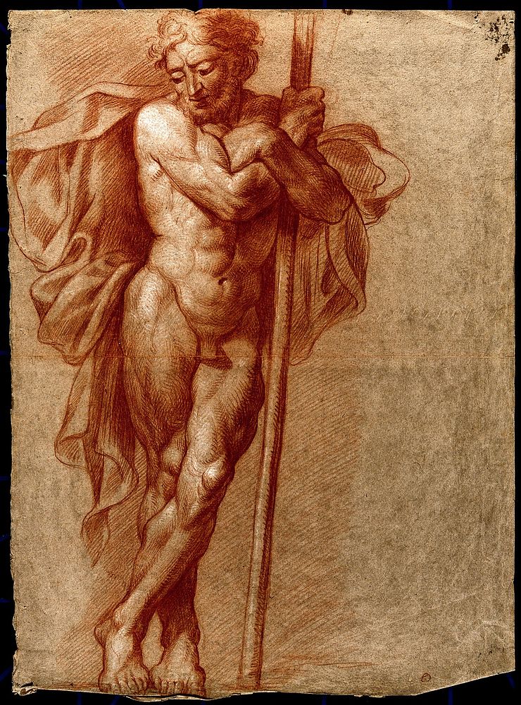 A standing male nude with cloak: arms folded around a staff. Red chalk drawing by J.J. Masquerier.