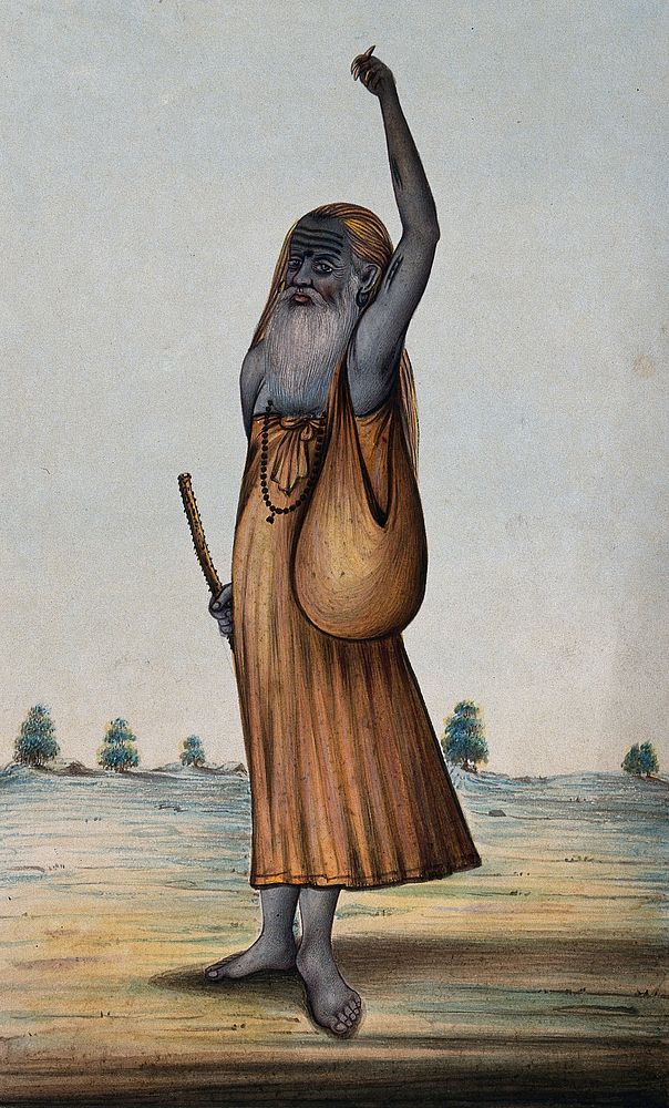 An old Hindu ascetic or holy man: standing, with left arm raised above his head, and overgrown fingernails. Gouache painting.