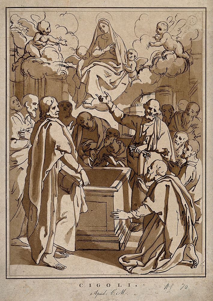 The apostles gathered around the empty tomb of Mary on her Assumption. Etching with aquatint by C.M. Metz after L. Cardi.