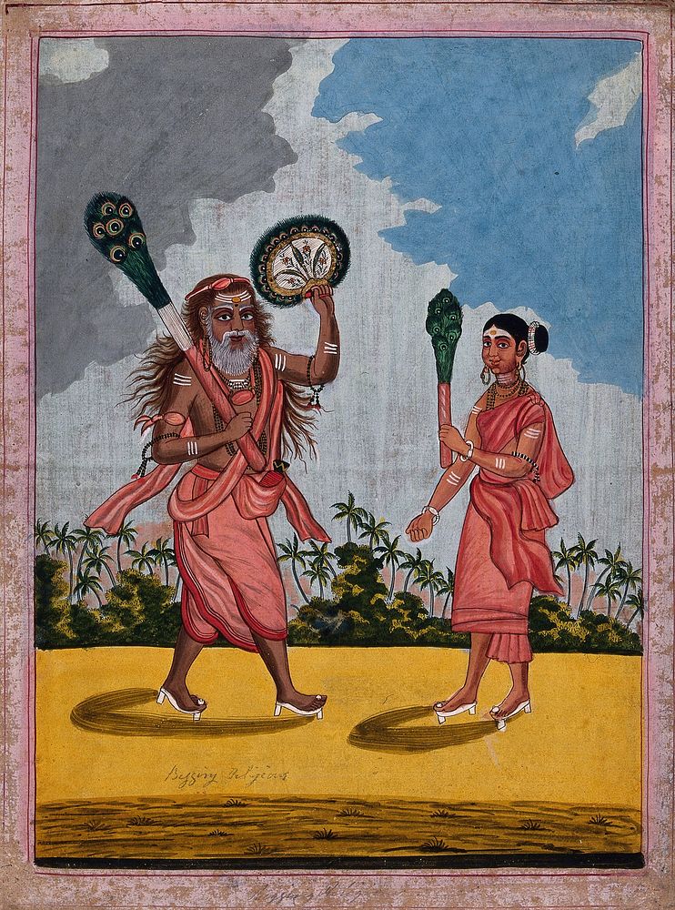 Two Hindu ascetics: left, a man holding a peacock feather broom and fan; right, a woman holding a peacock feather broom.…