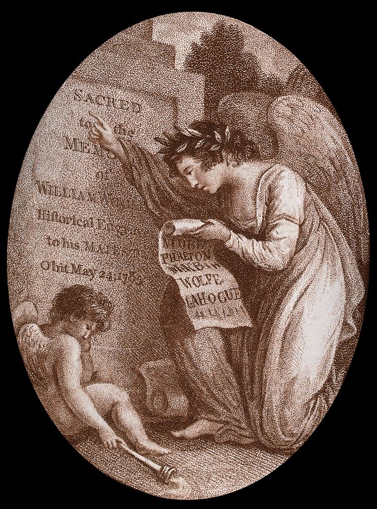 An angel reading the inscription on the tombstone of William Woollett. Stipple engraving.
