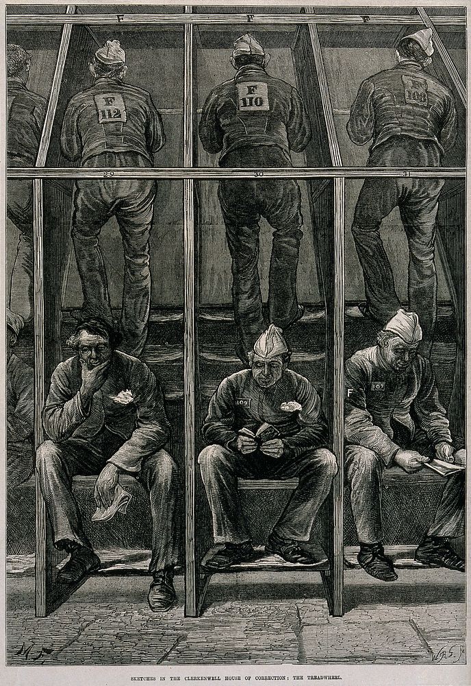 Middlesex House of Correction: male prisoners treading on the boards of a treadmill: in the foreground others sit resting.…