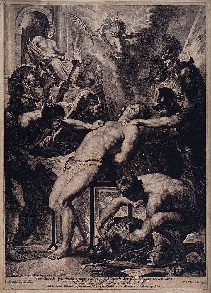 The martyrdom of Saint Laurence of Rome: he is roasted on a grill. Engraving by L.E. Vorsterman, 1621, after Sir P.P. Rubens.