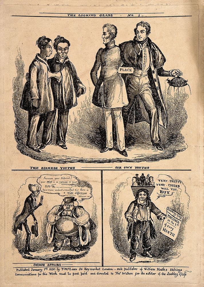Wellington and Peel compared with the Siamese twins (above); a rich bishop and a poor parson; and a street vendor of…
