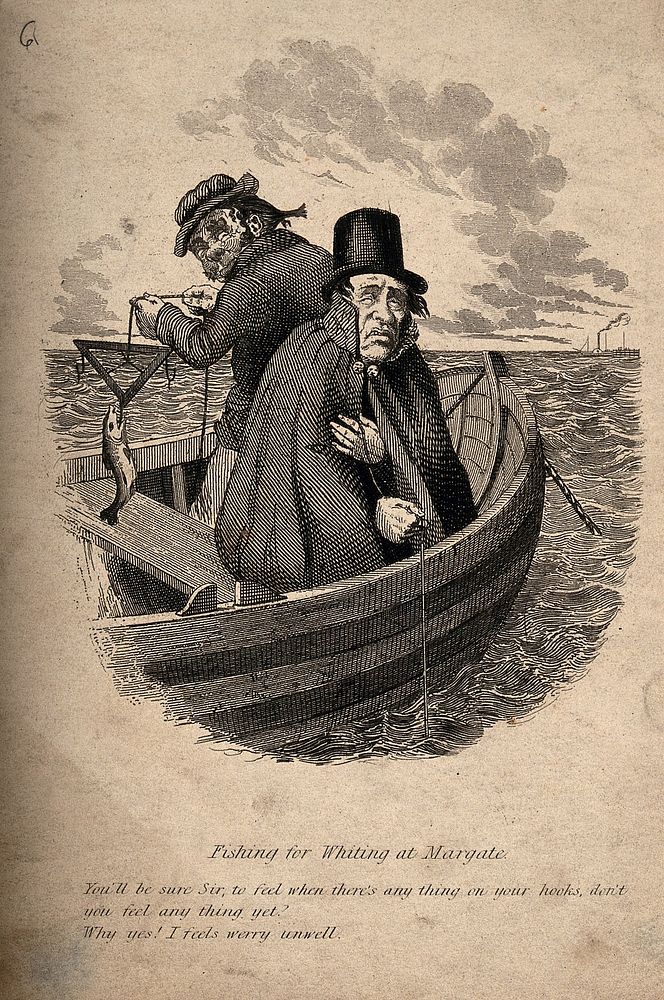 Two men at sea in a fishing boat: one leans over the side, feeling seasick. Reproduction of a nineteenth century engraving.