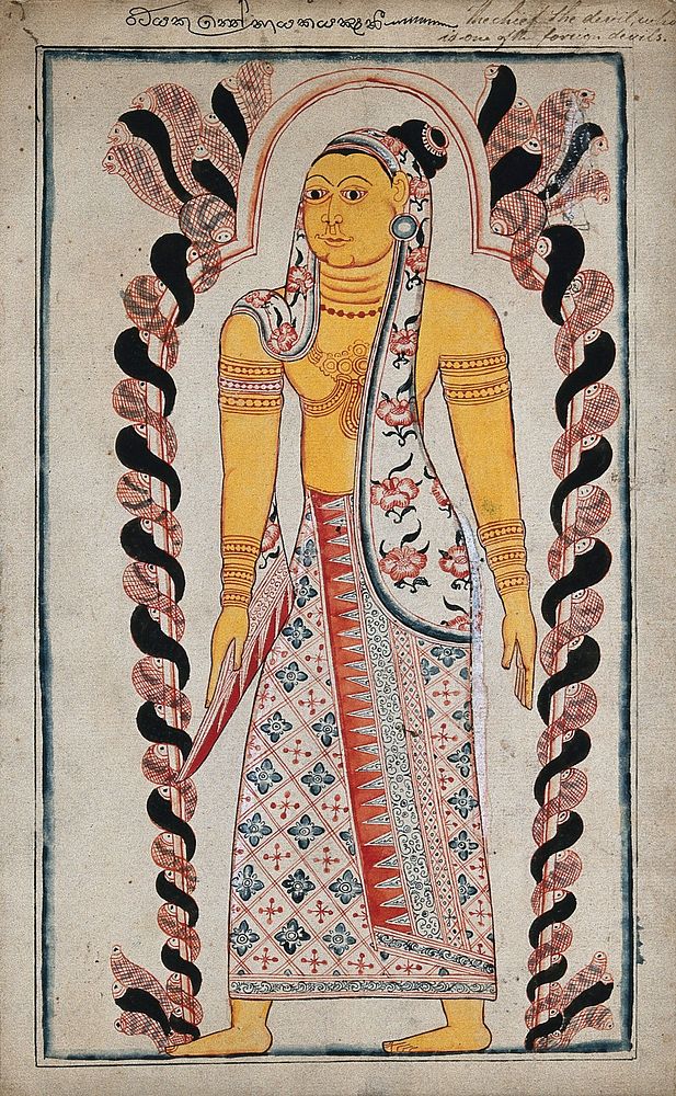 A Sinhalese devil wearing a lungi with a scarf draped around his head, stands under a doorway entwined with snakes. Gouache…