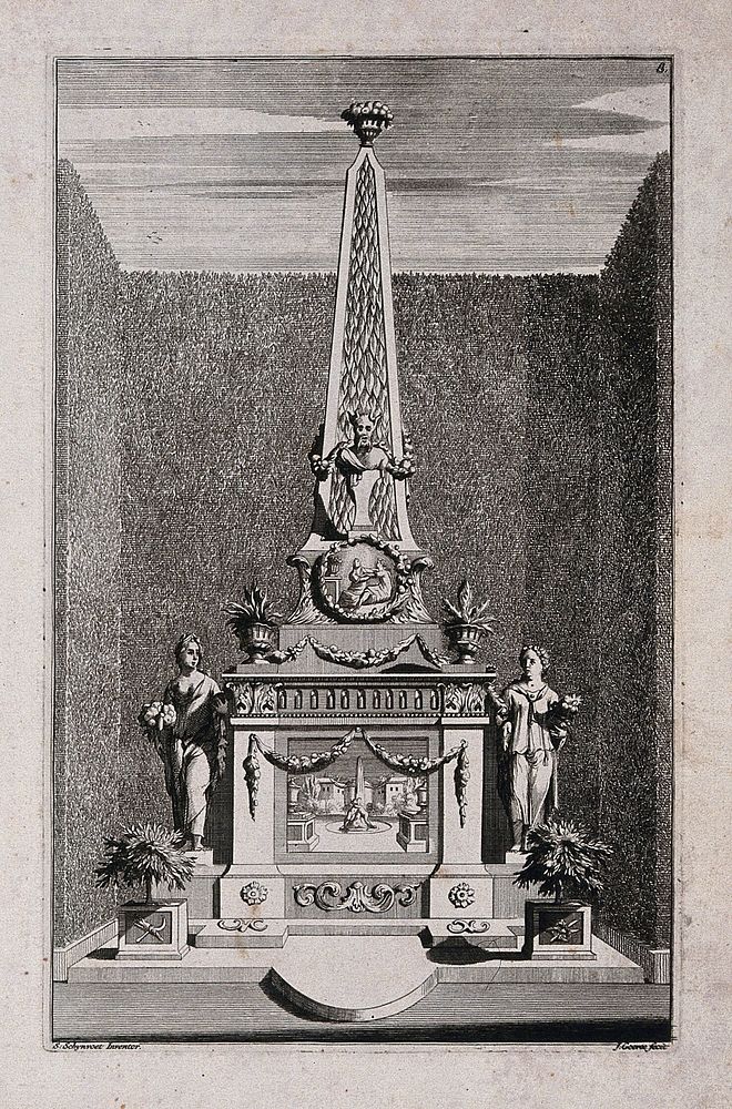 An ornate garden obelisk flanked by statues of women holding garden produce. Etching by J. Goeree after S. Schynvoet, early…