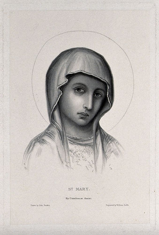 Saint Mary (the Blessed Virgin). Stipple engraving by W. Roffe after J. Ruskin after G.G. Cimabue.