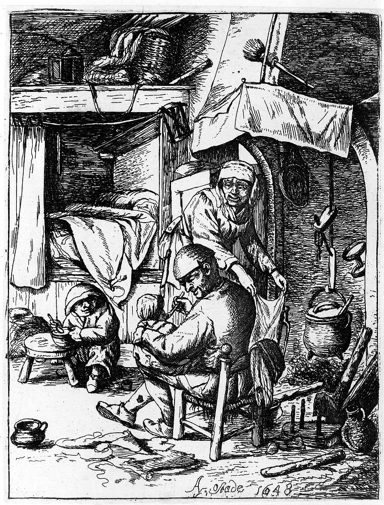 A father feeding his infant while the mother attends to domestic jobs and a small child plays with its food. Etching after…