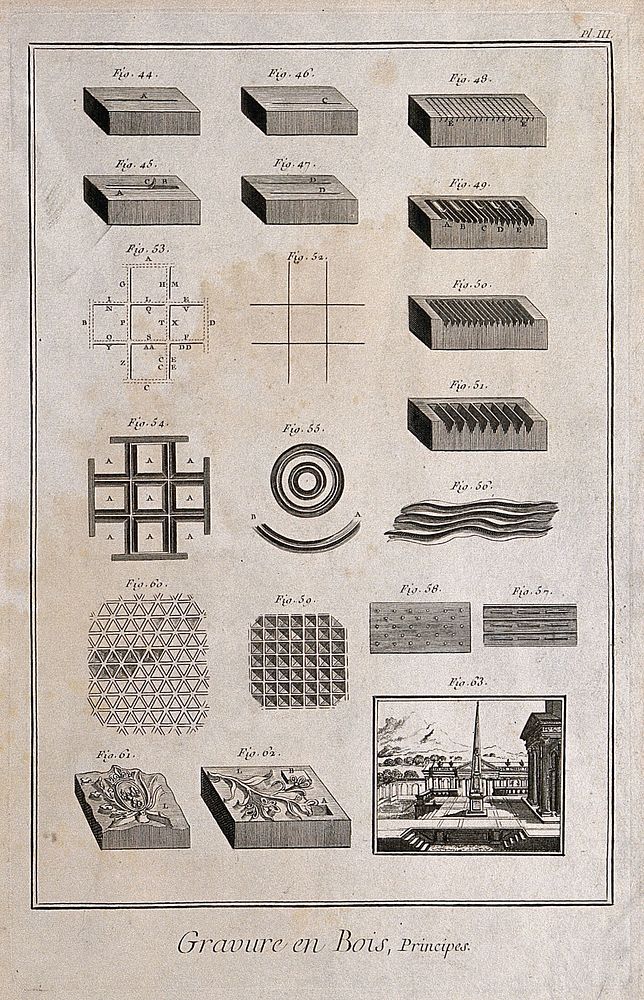 The techniques used for wood engraving, and a finished wood engraving. Engraving by Defehrt after Lucotte.