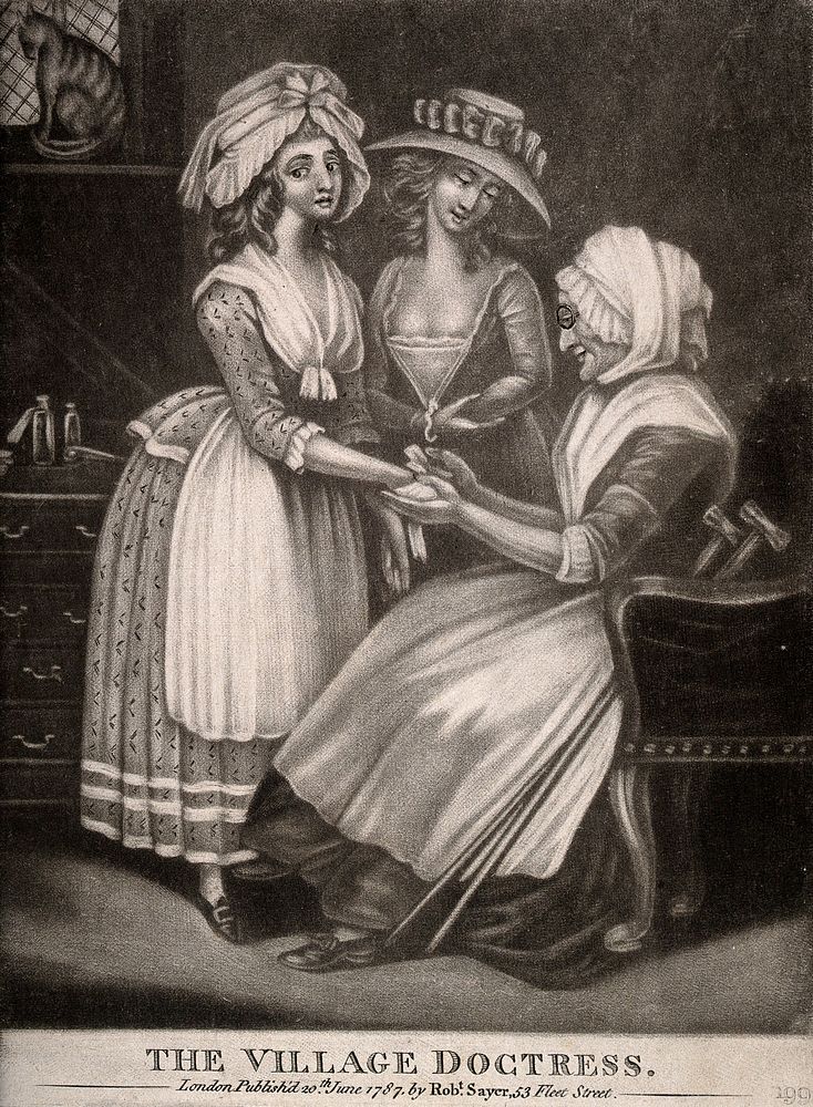 A woman doctor bandaging a young woman's hand. Mezzotint, 1787.