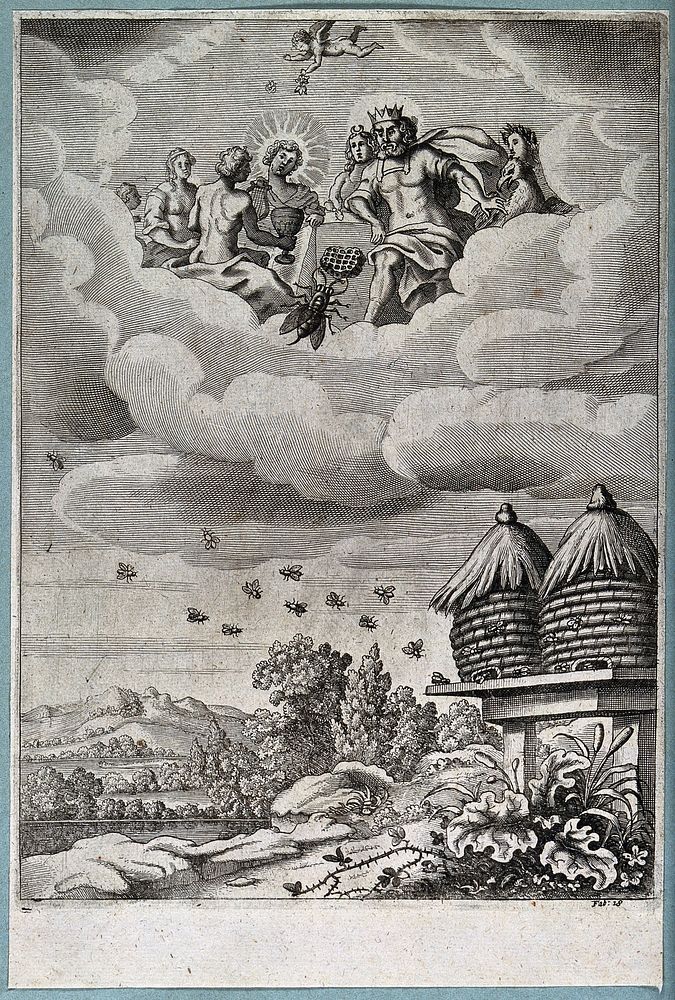 Above, a bee presents a honeycomb to the Olympian gods in the clouds; below, bees are flying into and out of two wicker…