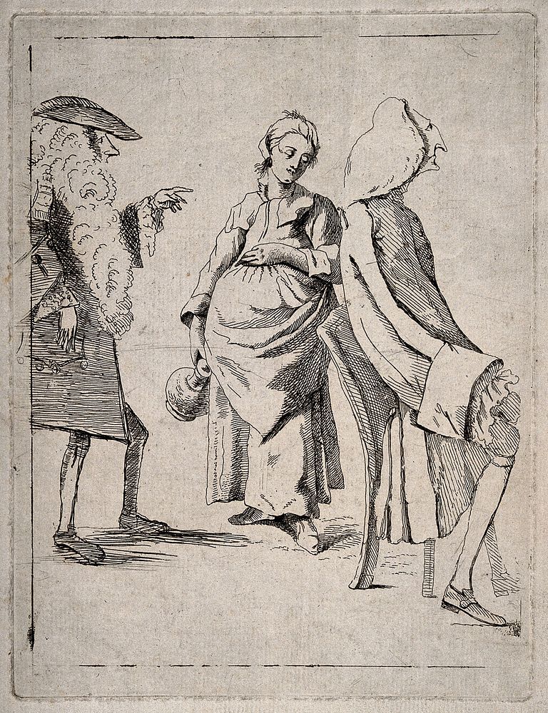 A man wearing a ridiculously long wig pointing accusingly to a young pregnant woman, another man sits with his back to them.…